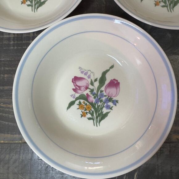 Vintage Kitchen Pink Tulip 6 7/8" Stoneware Dinner Bowls Set Of 5 - Picture 3 of 6